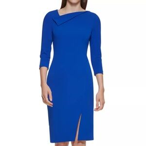 Calvin Klein Drape Neck Slit Trim Sheath Dress